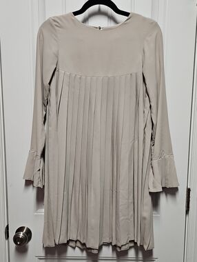 ASOS Pleated Long-Sleeve Shift Dress in Light Beige With Bell Sleeves
